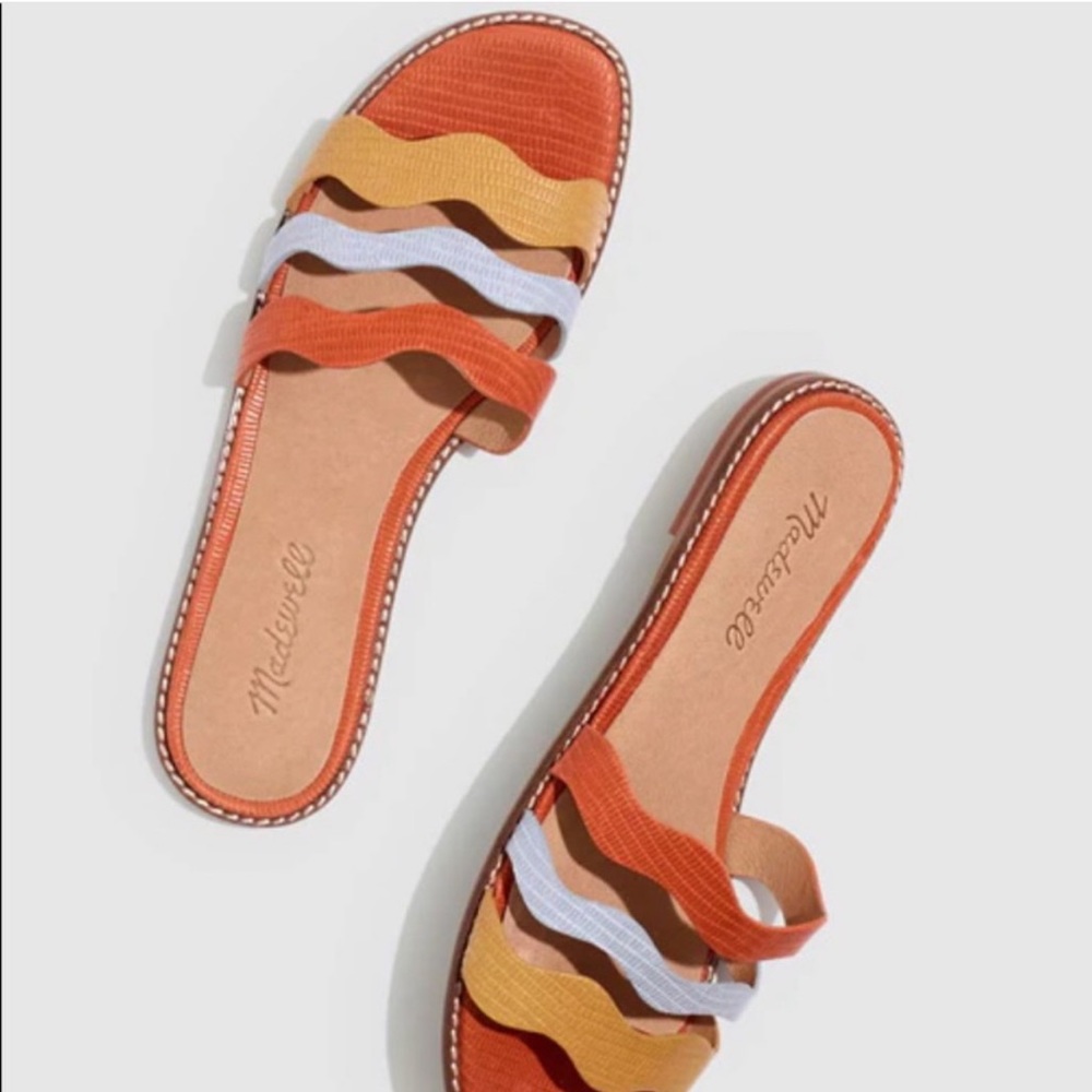 Madewell Joy Wavy Flat Color-block Lizard Leather Slide Sandals